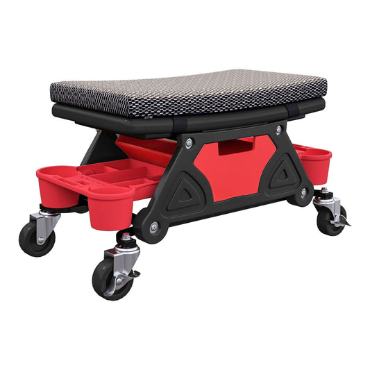 HOMCOM Rolling Mechanic Stool with a padded seat and wheels, featuring red storage compartments