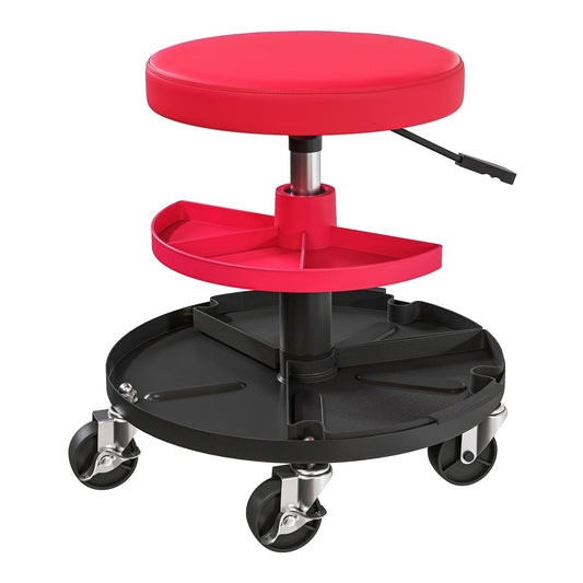 HOMCOM Rolling Mechanic Stool with red padded seat and black base with wheels and tool trays