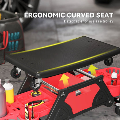 Close up of the rolling mechanic stool seat and slide out drawer