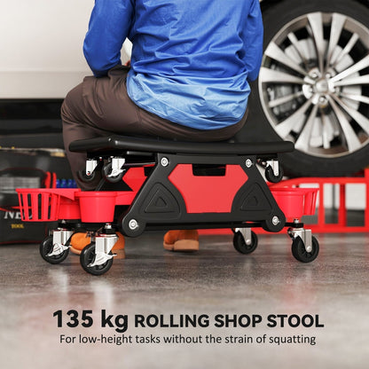 A person sitting on the rolling mechanic stool for low-height tasks