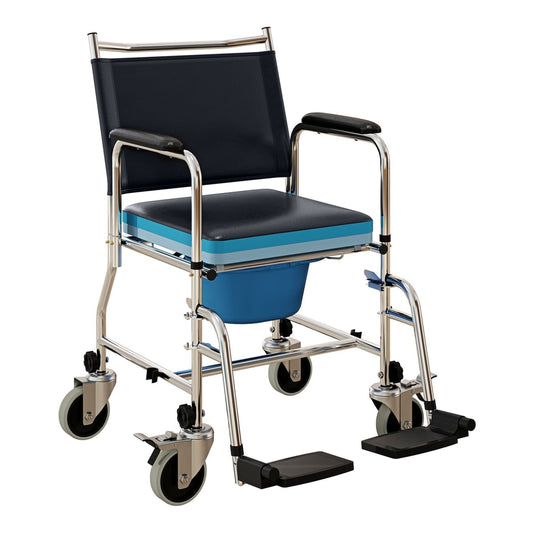 HOMCOM 3-In-1 Commode Wheelchair in black with a blue commode bucket underneath the seat