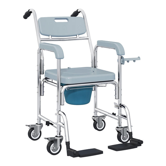 HOMCOM Rolling Shower Wheelchair with seat, backrest, arms, and commode bucket