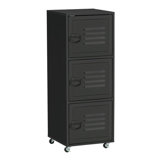 HOMCOM Rolling Storage Cabinet a black three-tier mobile cabinet with metal doors and wheels