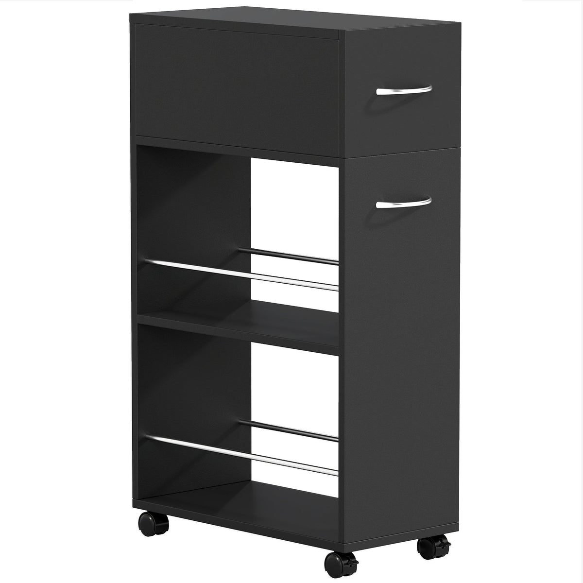 HOMCOM Rolling Storage Unit with a drawer and two open shelves on wheels