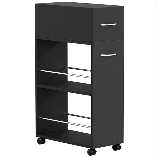 HOMCOM Rolling Storage Unit with a drawer and two open shelves on wheels