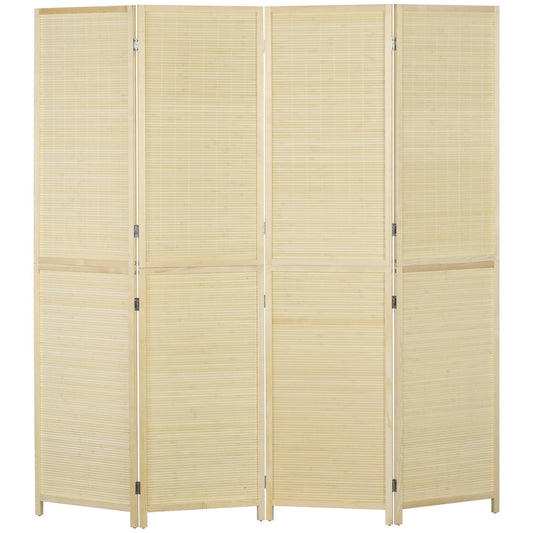 HOMCOM Room Divider, a four panel folding screen made of natural wood and woven material