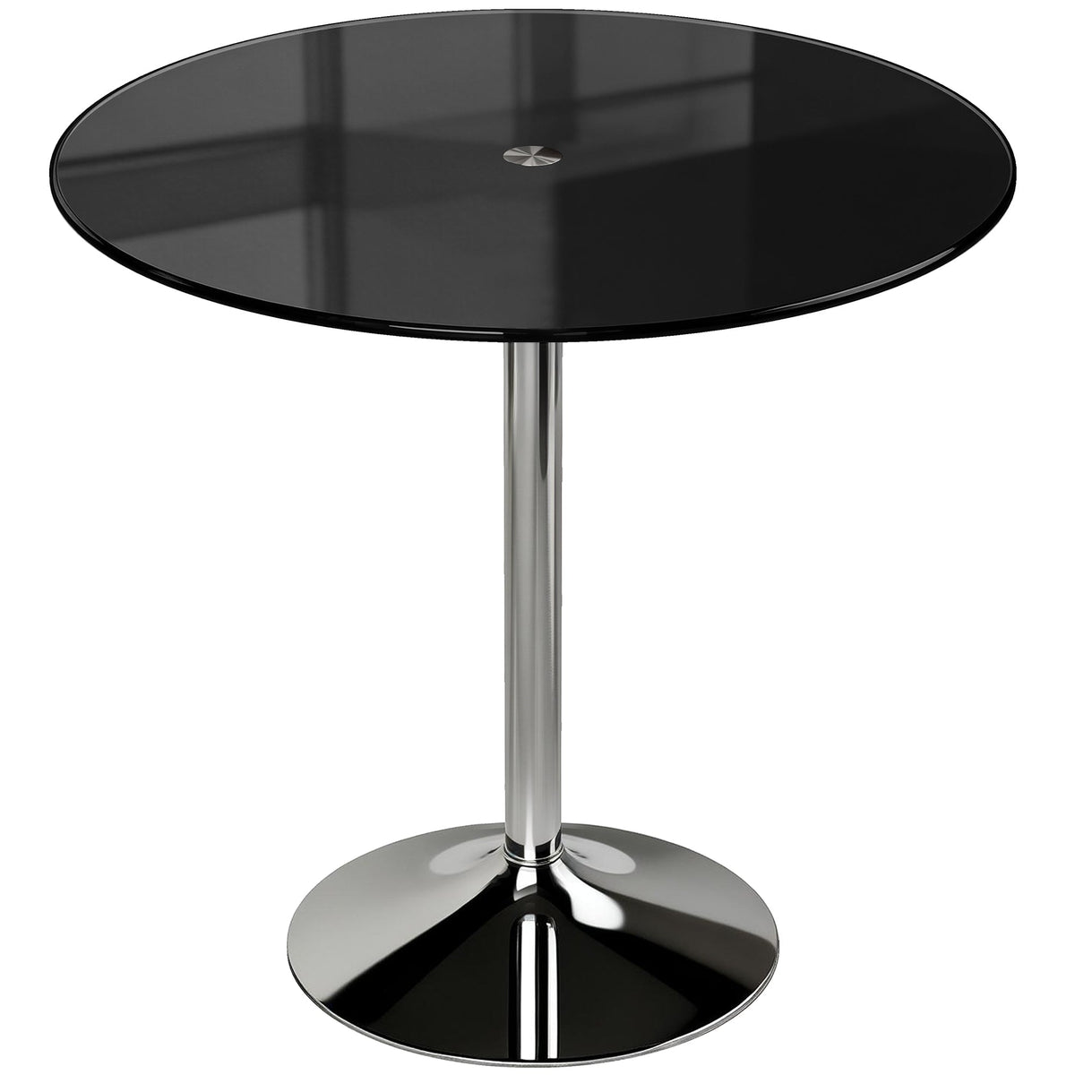 HOMCOM Round Bar Table with a black glass top and a shiny metal pedestal base on a white background