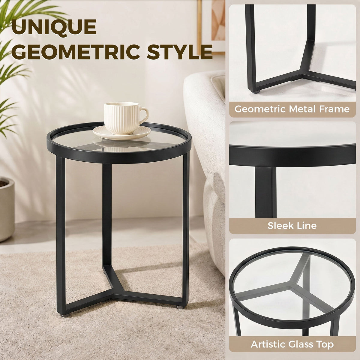 Close-up views of the round side table's geometric metal frame and glass top