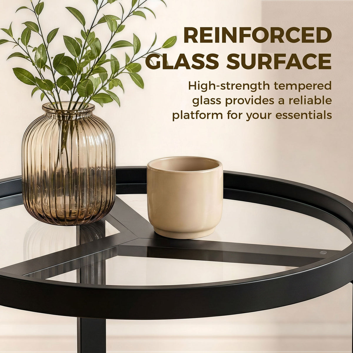 A close-up of the reinforced glass surface of the side table