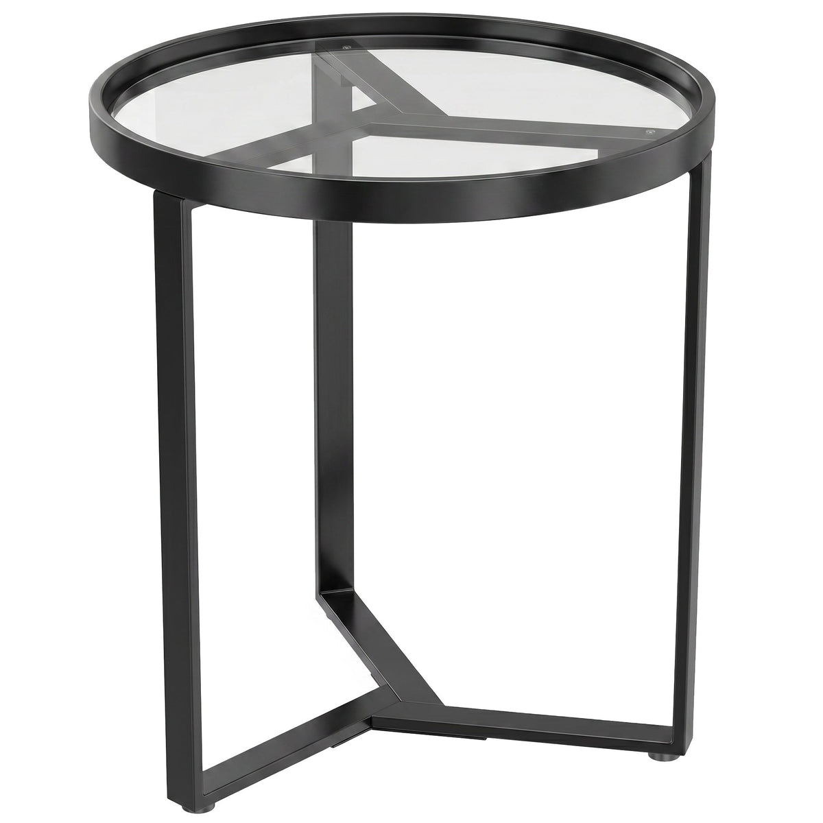 HOMCOM Round Side Table with a black geometric metal frame and clear glass top