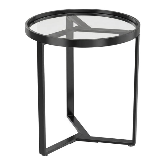 HOMCOM Round Side Table with a black geometric metal frame and clear glass top