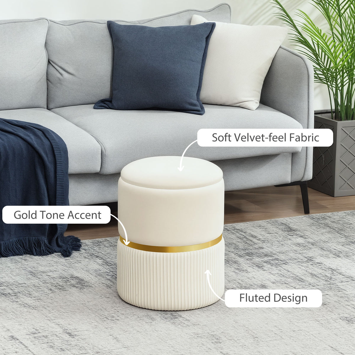 Close up of the beige velvet-feel fabric storage stool with callouts