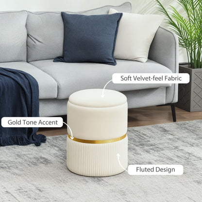 Close up of the beige velvet-feel fabric storage stool with callouts