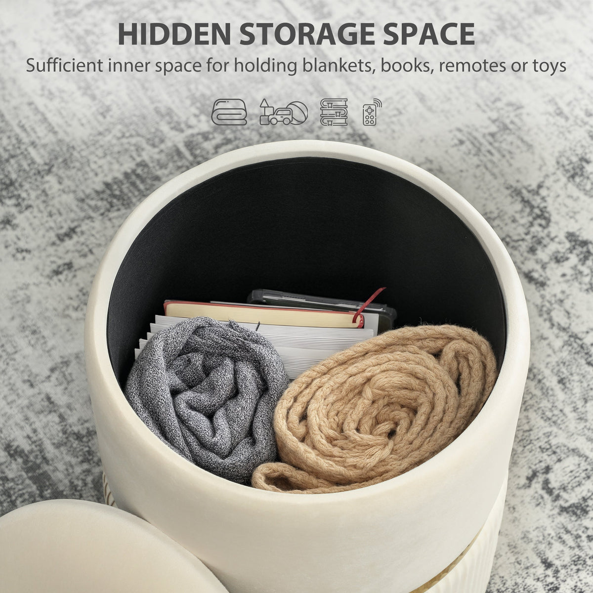 Open beige velvet-feel fabric storage stool showing internal storage space