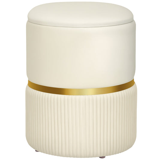 HOMCOM Round Storage Stool in beige velvet-feel fabric with a gold accent band