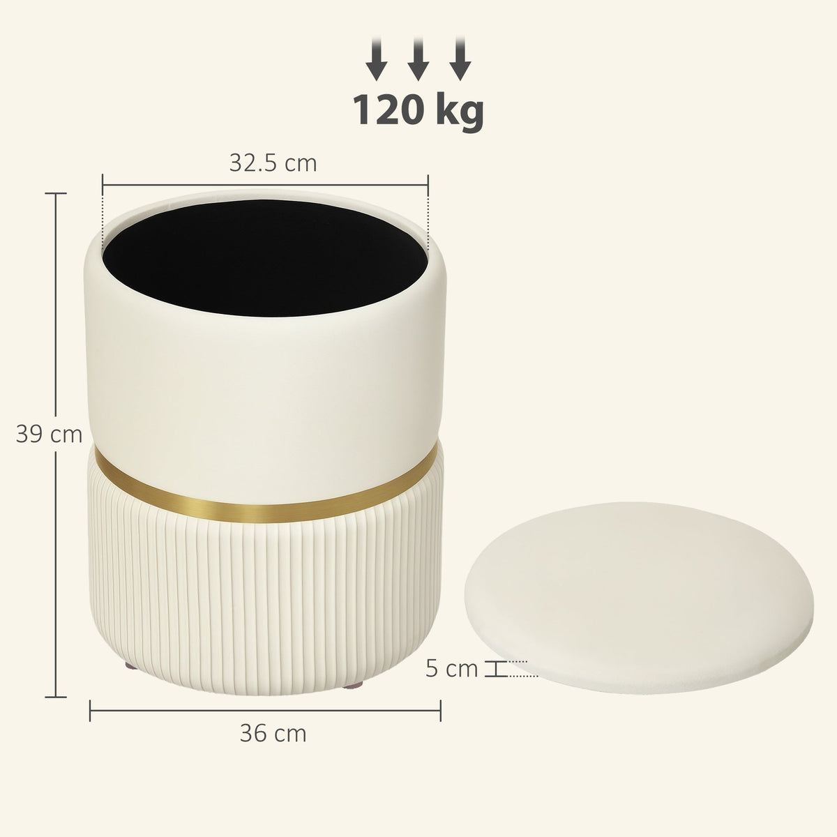 Dimensions diagram for the beige velvet-feel fabric storage stool