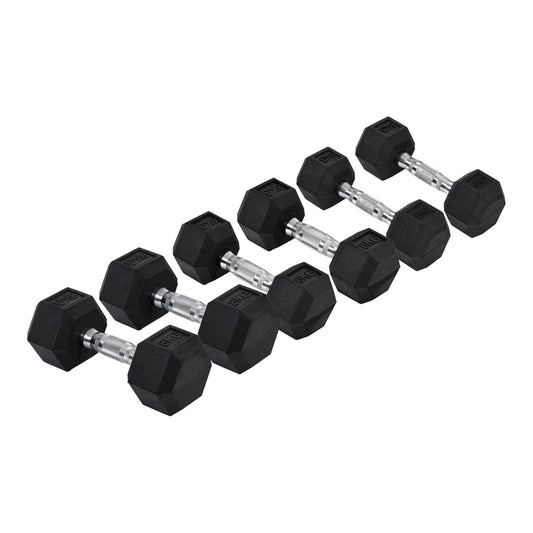 HOMCOM Rubber Dumbbell Set showing three pairs of hex dumbbells in a row
