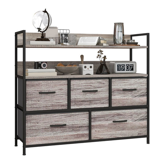 HOMCOM Rustic Chest of Five Fabric Drawers with a wood effect finish and black metal frame