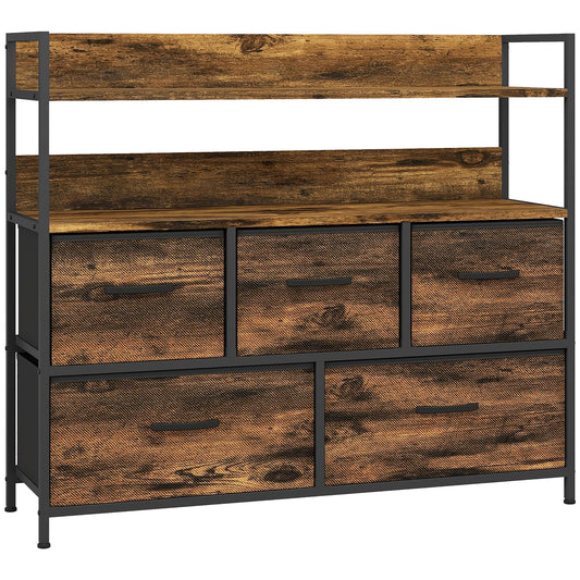 HOMCOM Rustic Chest of Five Fabric Drawers with a black metal frame and wooden shelves