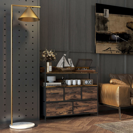 the storage cabinet with wooden shelves and fabric drawers in a living room setting