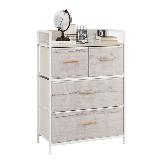 HOMCOM Rustic Chest of Four Fabric Drawers with a white frame and light wood effect drawer fronts