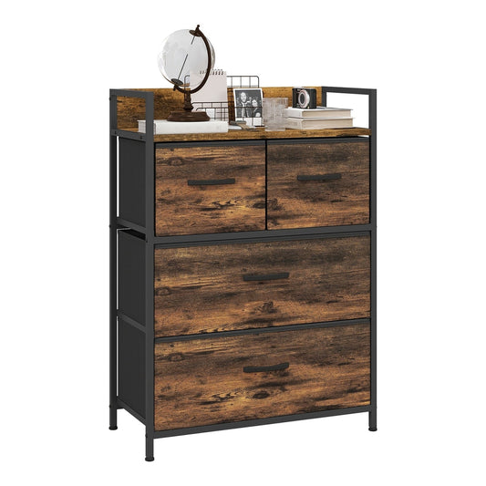 HOMCOM Rustic Chest of Four Fabric Drawers with a wooden top surface and black metal frame