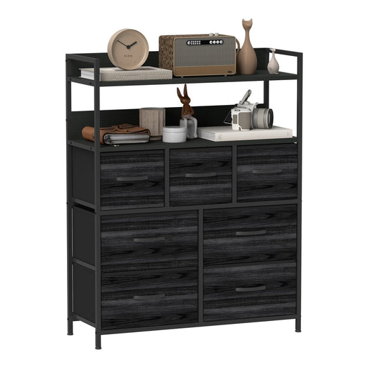 HOMCOM Rustic Chest of Seven Fabric Drawers showing the whole unit with items on shelves