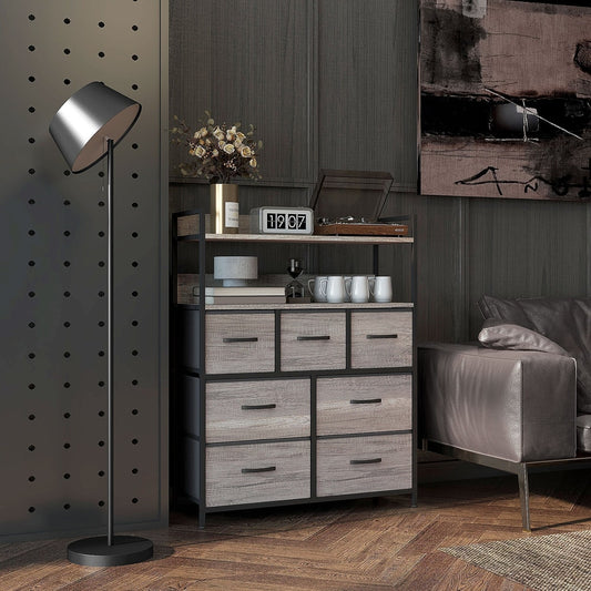 The chest of drawers placed in a stylish living room next to a floor lamp and sofa