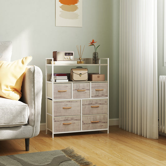The chest of drawers placed in a living room next to a sofa with decor on the shelves