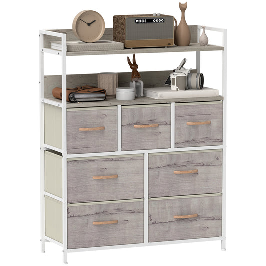 HOMCOM Rustic Chest of Seven Fabric Drawers with a white metal frame and wooden top shelf