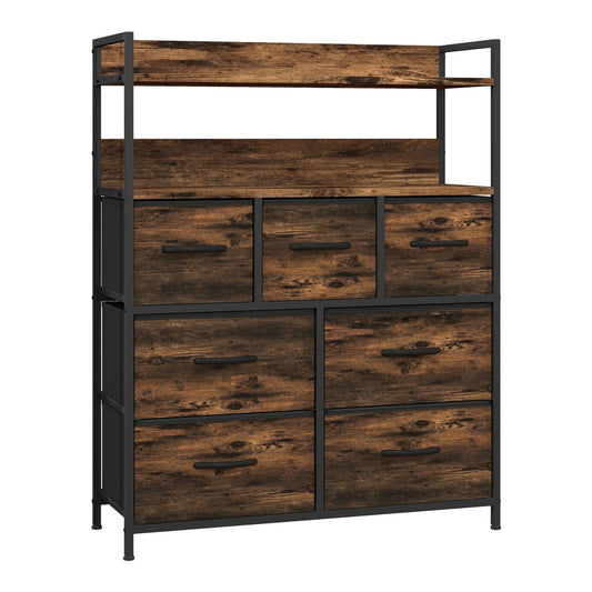 HOMCOM Rustic Chest of Seven Fabric Drawers with a rustic brown finish and black metal frame