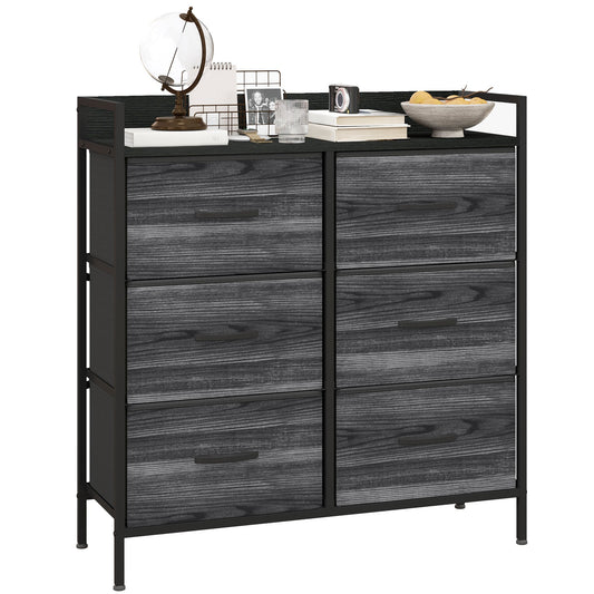 HOMCOM Rustic Chest of Six Fabric Drawers with a black metal frame and grey wood effect drawers