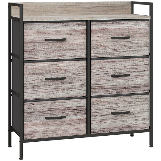 HOMCOM Rustic Chest of Six Fabric Drawers in grey wood effect with a metal frame