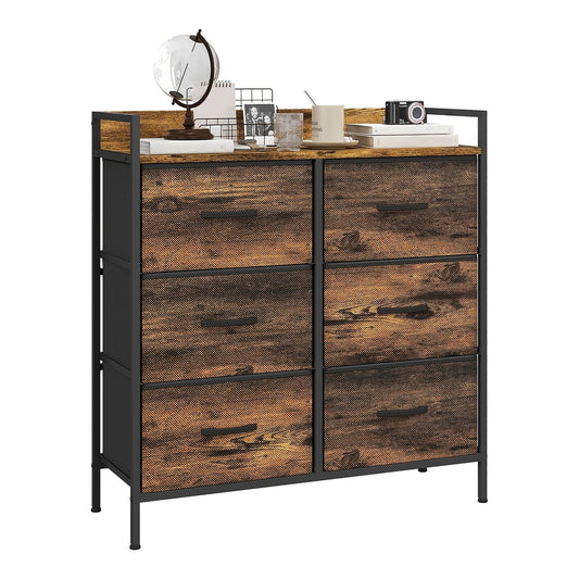 HOMCOM Rustic Chest of Six Fabric Drawers with a rustic brown wood-effect top and six grey fabric drawers