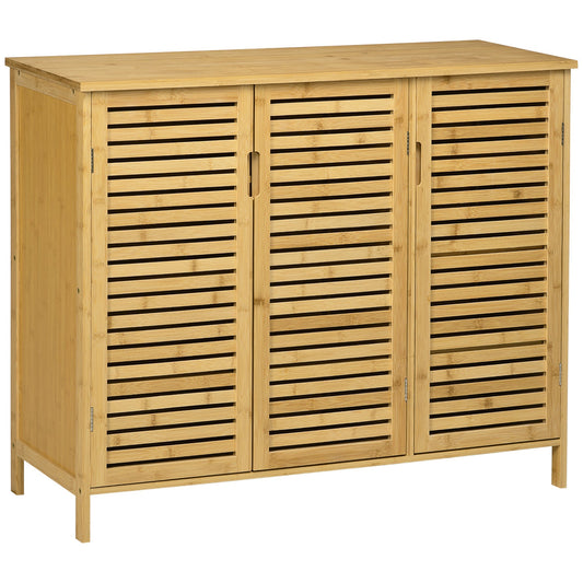 HOMCOM Rustic Shoe Cabinet with three slatted doors and a natural wood finish