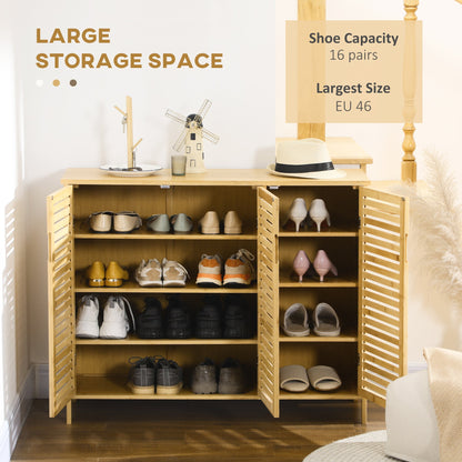 The shoe storage cabinet filled with various pairs of footwear on the shelves