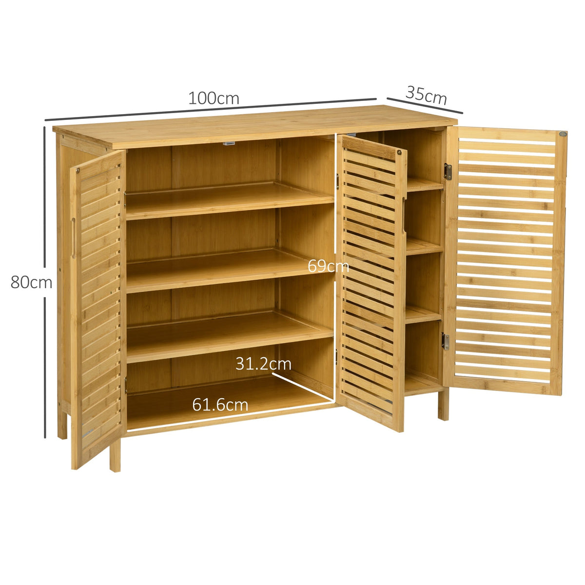 The shoe storage unit with doors open showing internal shelves and dimensions