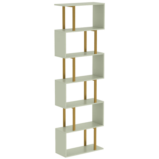 HOMCOM S-Shaped Bookshelf, a light green five-tier zigzag bookcase with gold coloured supports