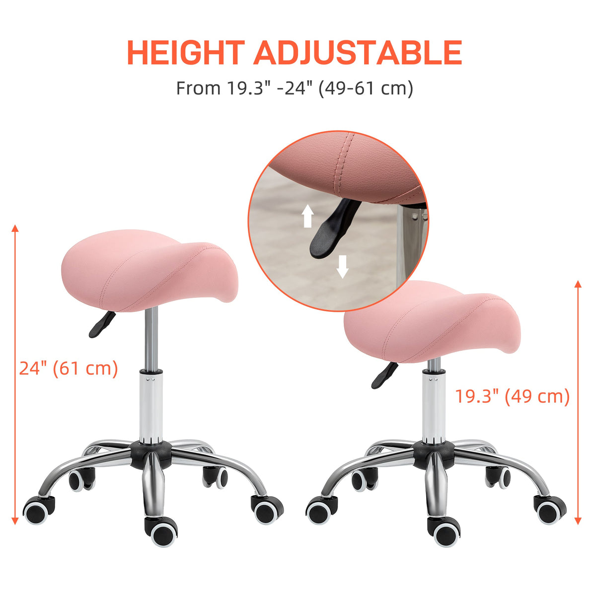 The height adjustable stool showing the lever mechanism and height range