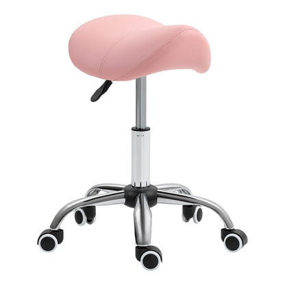 HOMCOM Saddle Stool with a pink seat and a chrome base with five castor wheels