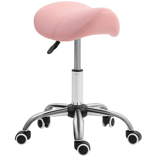 HOMCOM Saddle Stool with a pink seat and a chrome base with five castor wheels