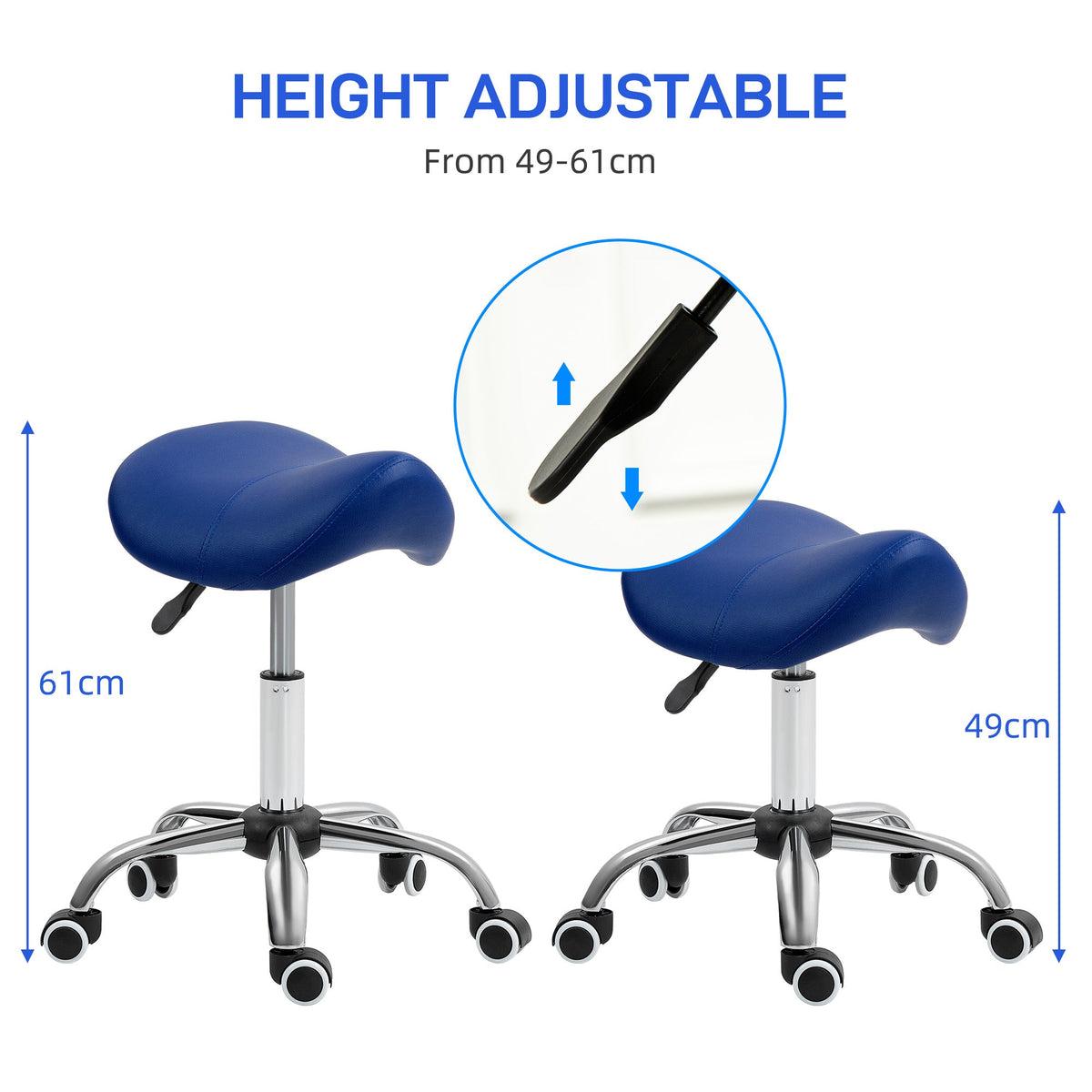 Two dark blue saddle stools demonstrating height adjustment