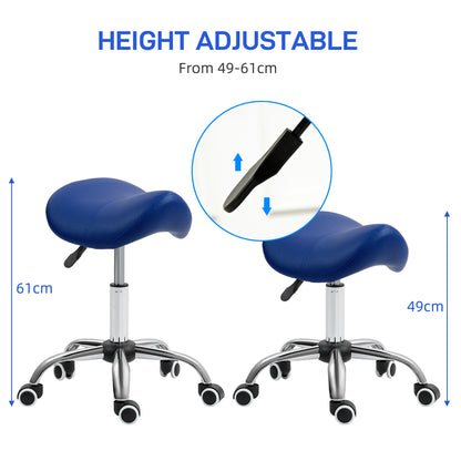 Two dark blue saddle stools demonstrating height adjustment