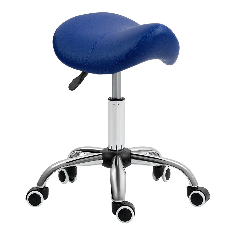 HOMCOM Saddle Stool with a dark blue seat and chrome base with wheels