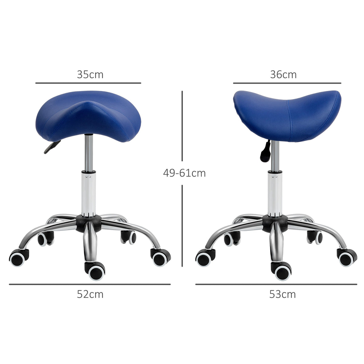 Two dark blue saddle stools shown with dimensions labelled