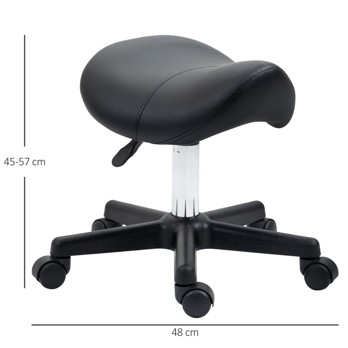 The black PU leather saddle stool has a seat and a five-wheel base with dimensions shown