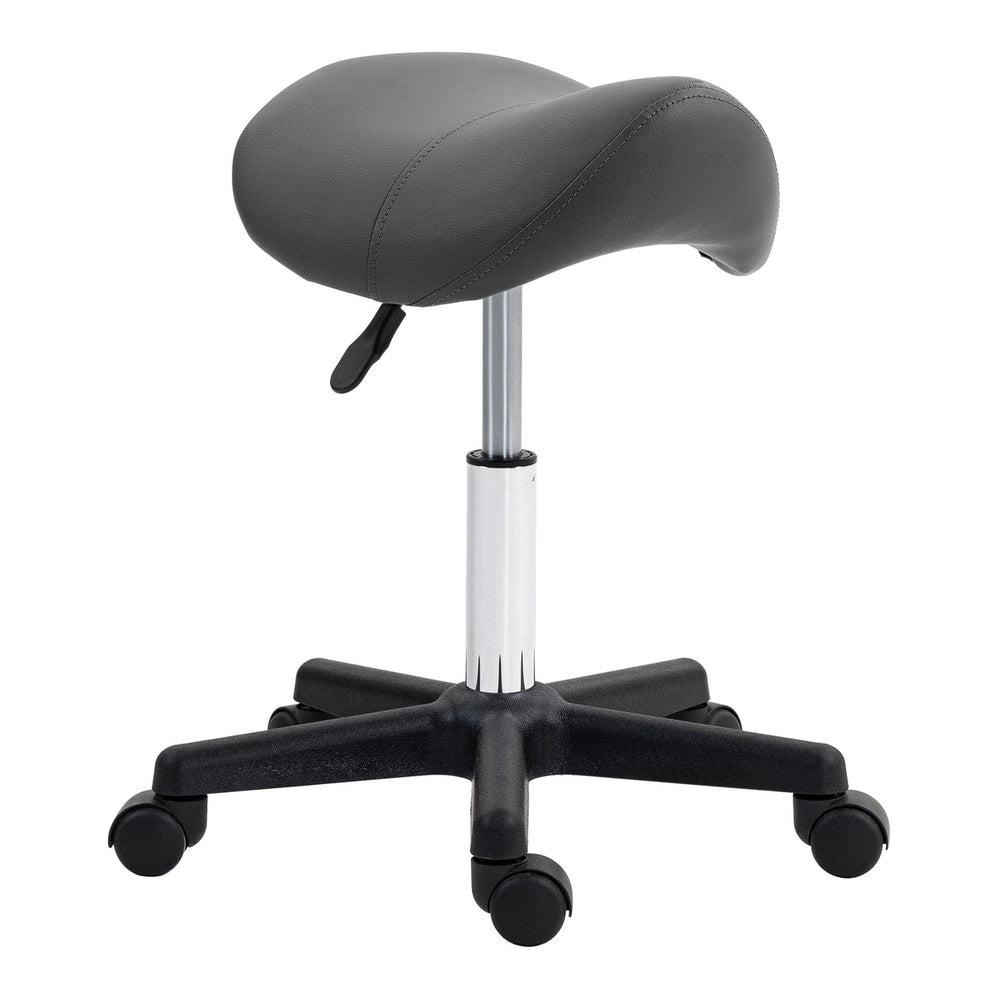 HOMCOM Saddle Stool, a grey PU leather seat on a five-wheeled black base with a chrome gas lift lever