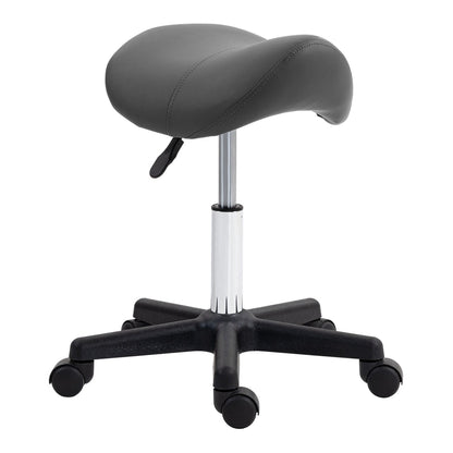 HOMCOM Saddle Stool, a grey PU leather seat on a five-wheeled black base with a chrome gas lift lever