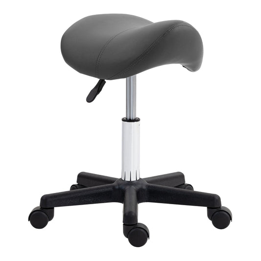 HOMCOM Saddle Stool, a grey PU leather seat on a five-wheeled black base with a chrome gas lift lever