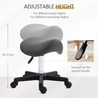 Close up of the height adjustment lever on the grey PU leather saddle stool